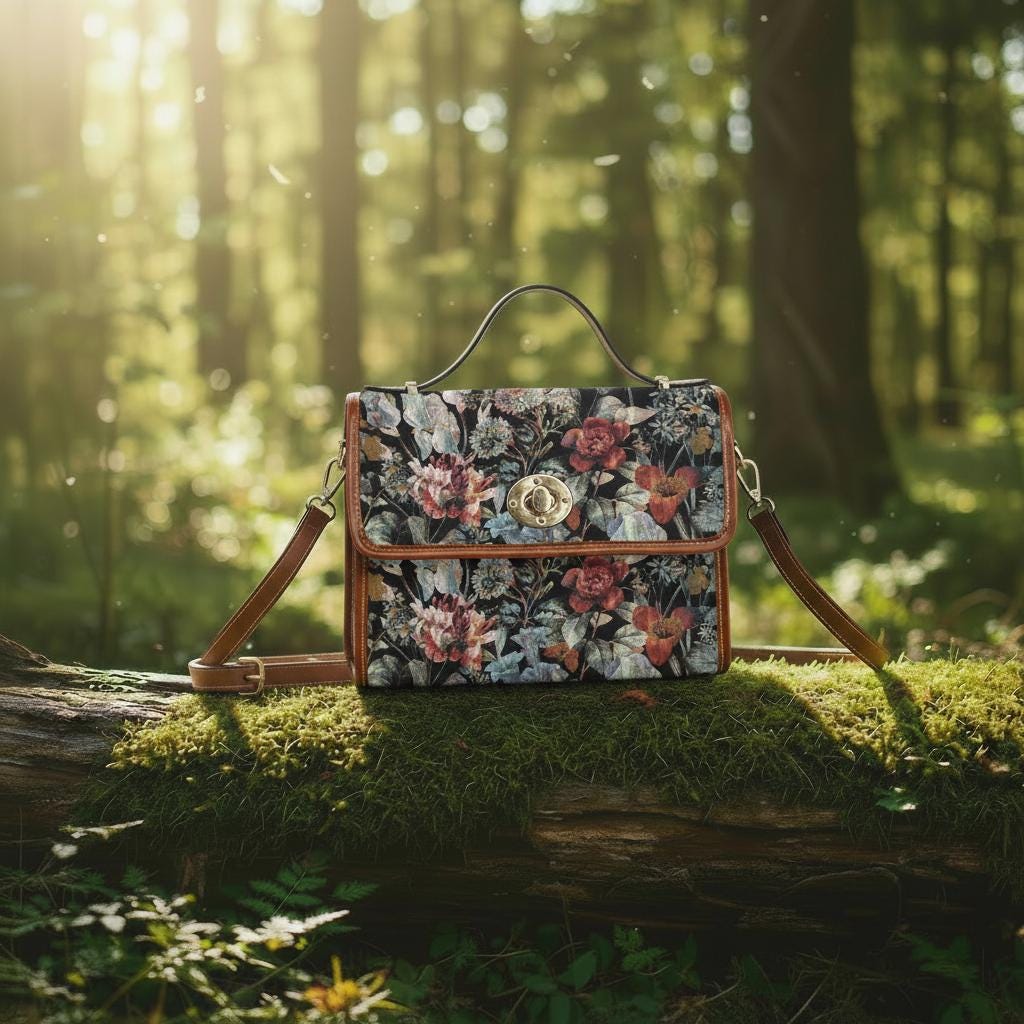 Dark Academia Flowers Canvas Crossbody Bag – Black Red Botanical Handbag