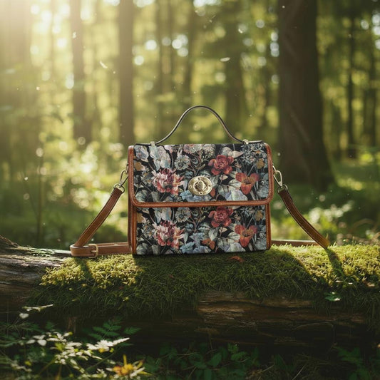 Dark Academia Flowers Canvas Crossbody Bag – Black Red Botanical Handbag