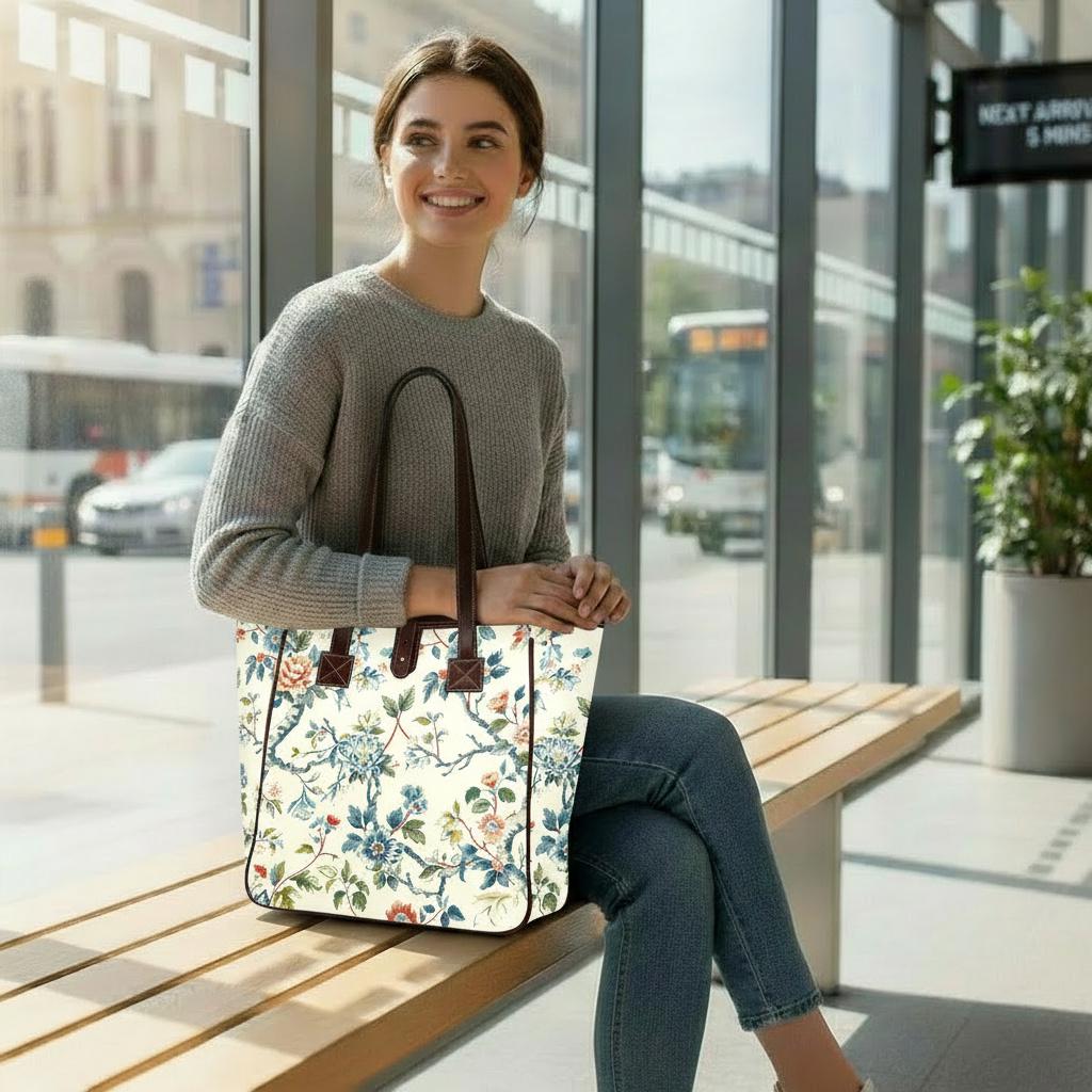 Toile de Jouy French Vintage Style Handbag – Classic Large Tote Bag