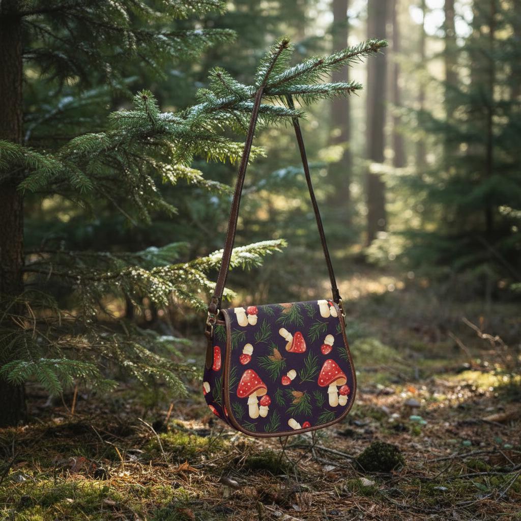 Mushroom Forest Saddle Bag, Romantic Dark Academia Crossbody or Shoulder Handbag