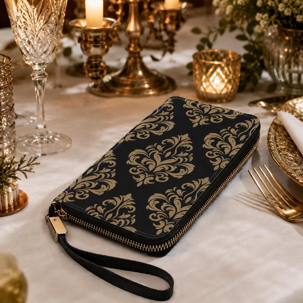 Elegant Black Gold Arabesque Clutch Wallet – Elegant Baroque Purse with Handle