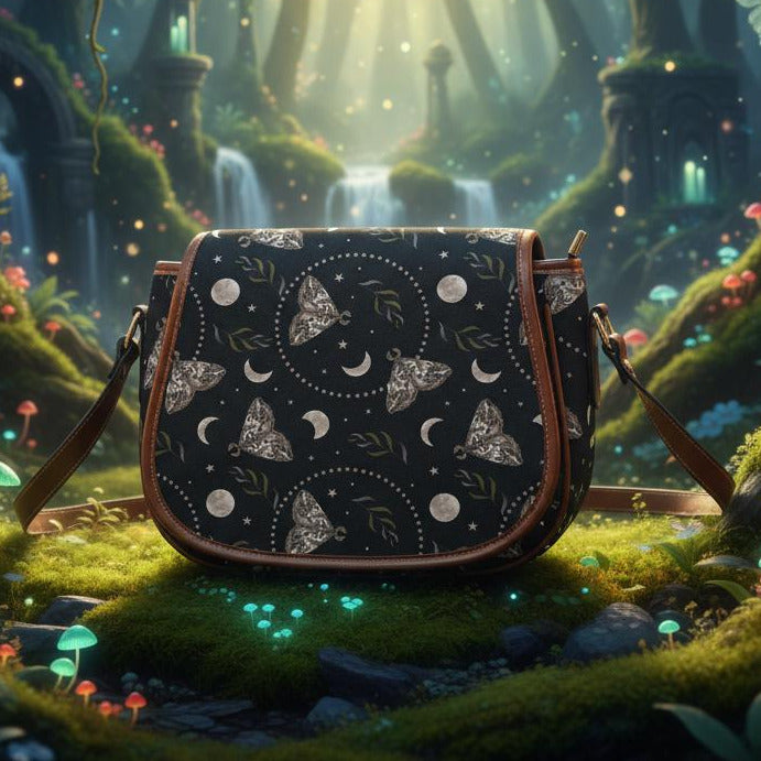 Dark Academia Gothic Moths & Moon Crossbody Saddle Bag