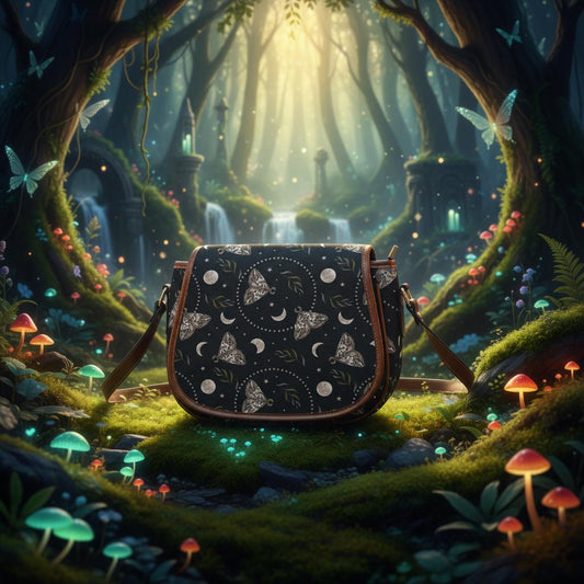 Dark Academia Moths & Moon Saddle Bag - Gothic Cottagecore Crossbody Handbag