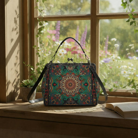 Boho Mandala Kisslock Shoulder Bag – Persian Medallion Crossbody Handbag