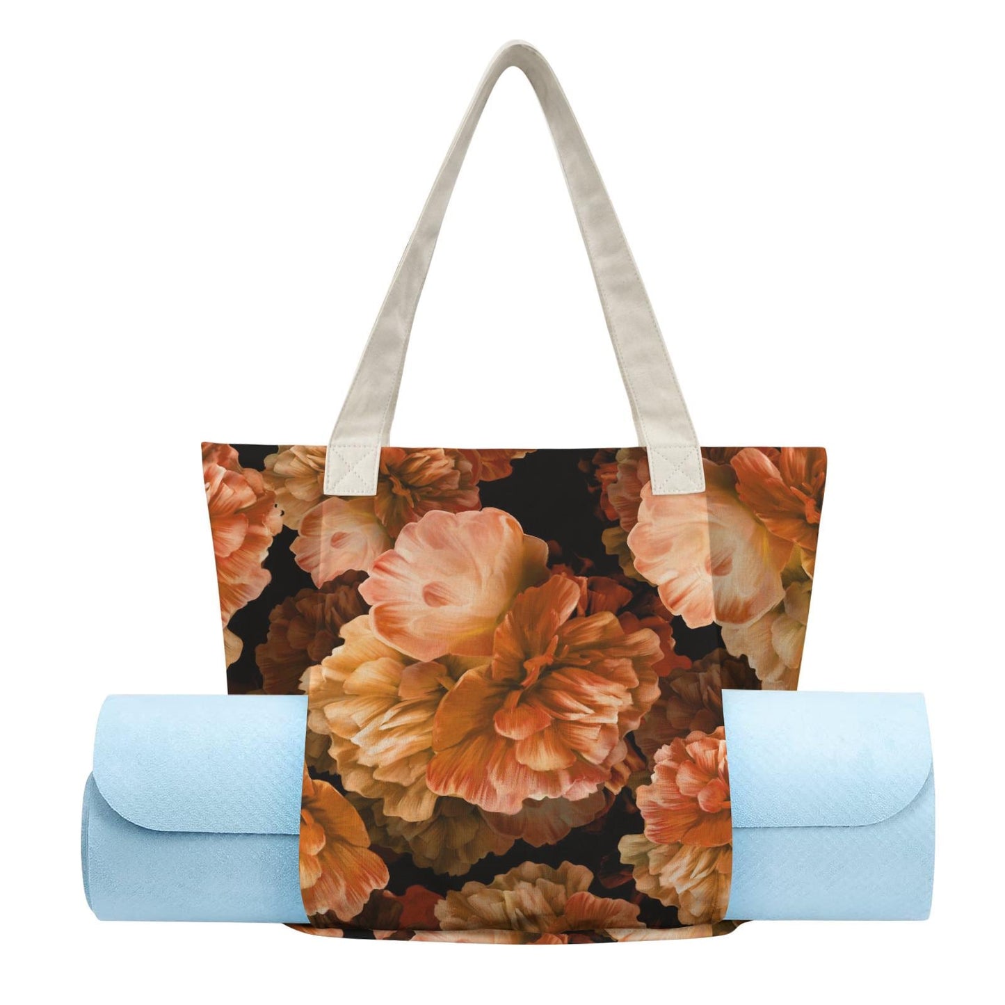 Orange Peonies Yoga Tote Bag with Mat Holder – Large Floral Cotton Linen Tote