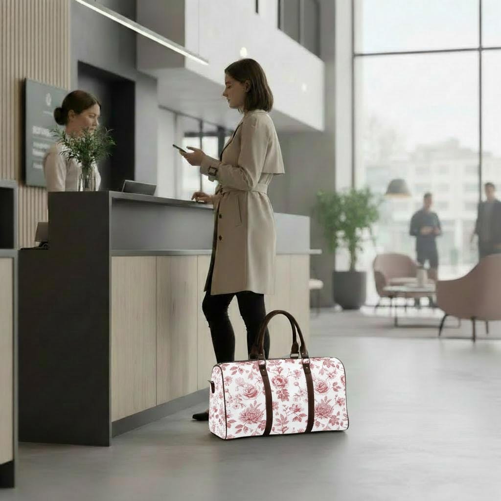 Toile de Jouy Red White Floral Travel Bag – French Vintage Weekender Duffle