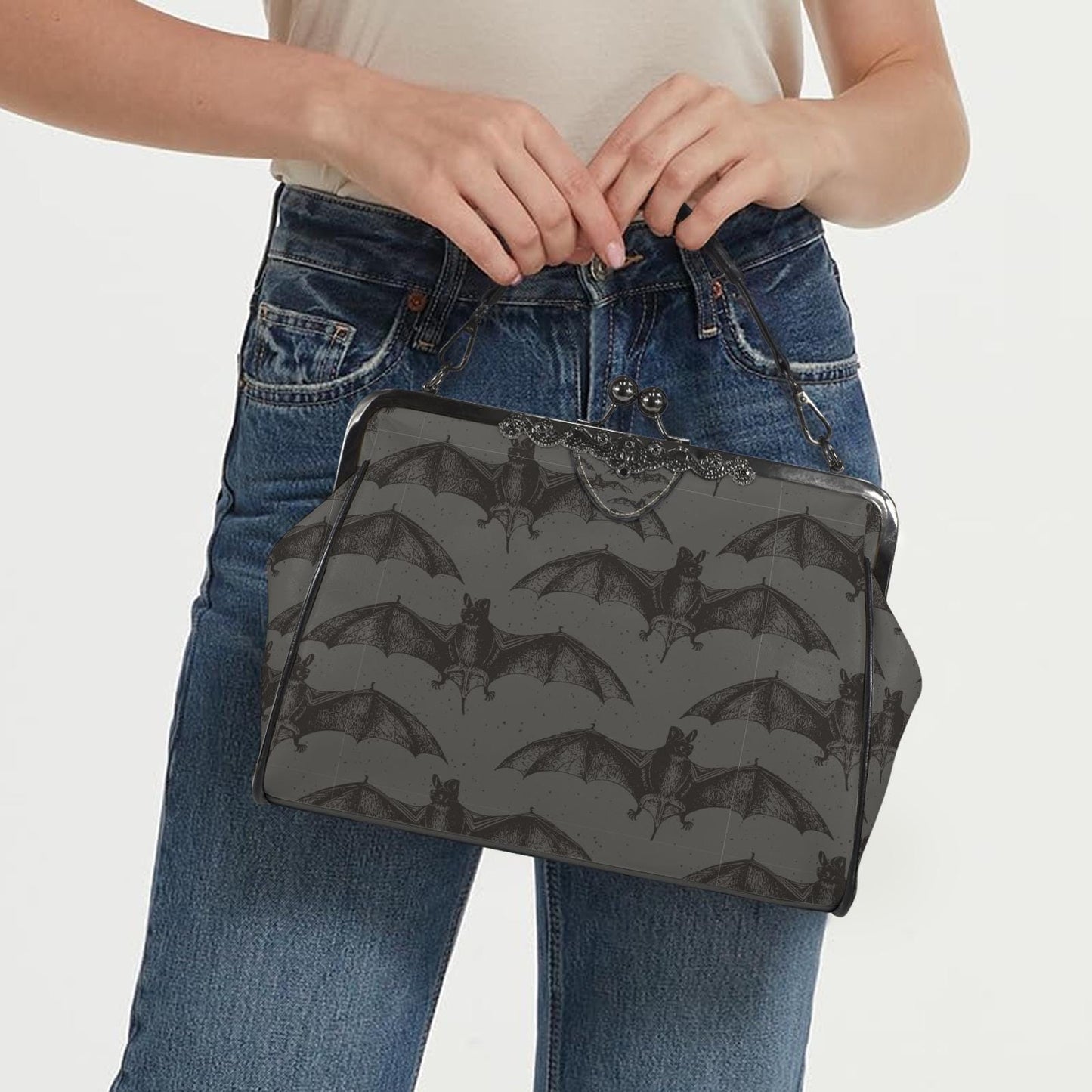 Moody Gothic Bats Kisslock Crossbody Shoulder Bag - Dark Academia Handbag