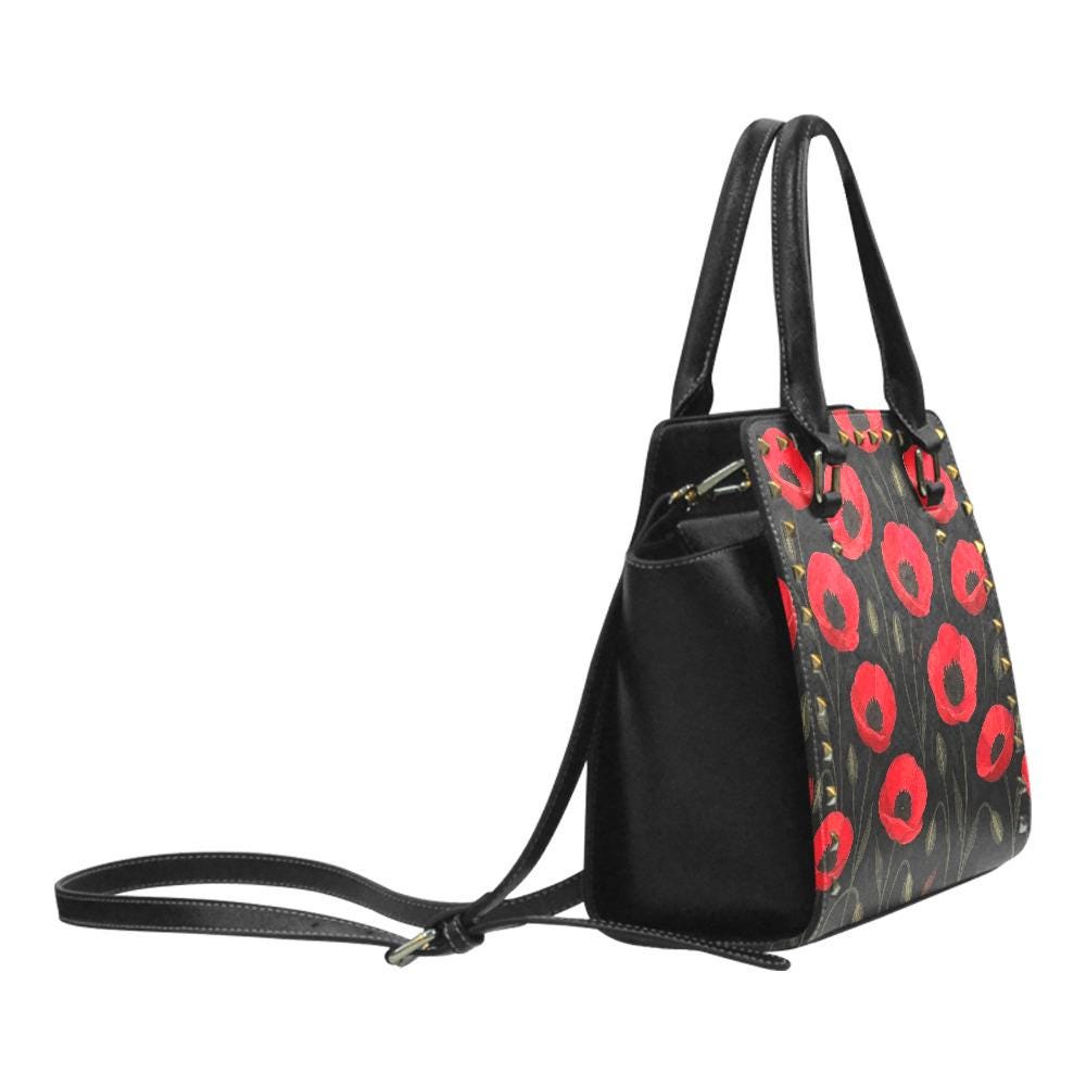 Black Red Poppy Floral Studded Shoulder Bag – Vintage Garden Rivet Handbag