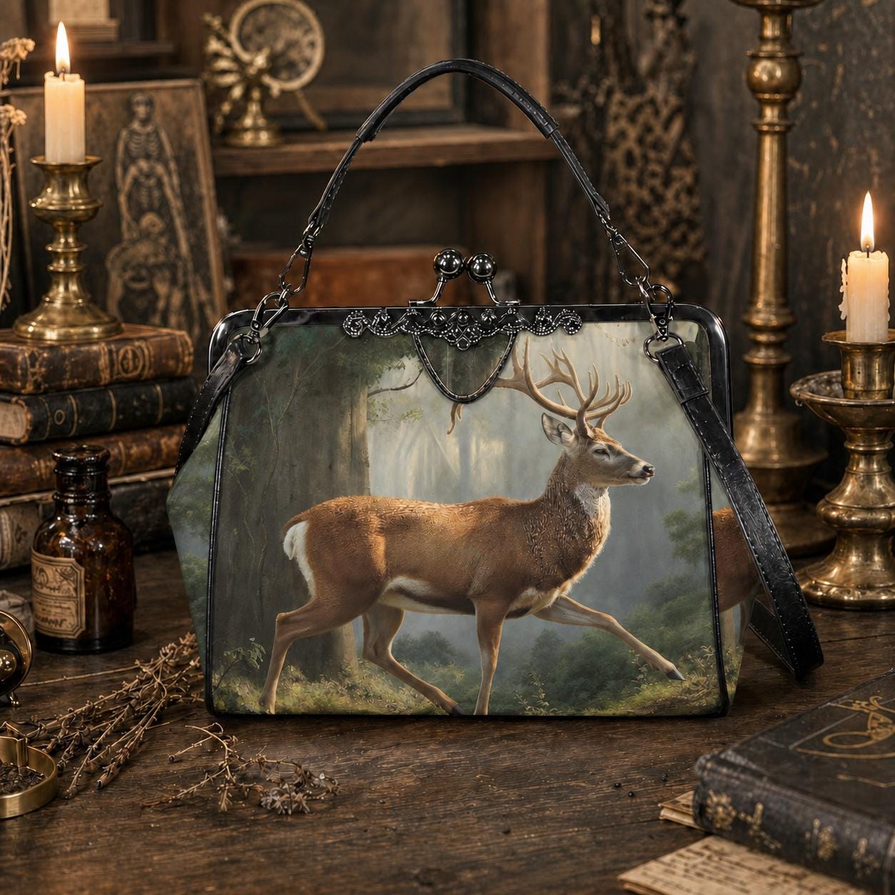Majestic Deer Forest Dark Academia Handbag - Fairycore Kisslock Crossbody Shoulder Bag