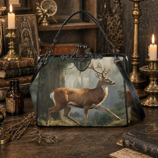Majestätische Hirschwald Dark Academia Handtasche - Fairycore Kisslock Umhängetasche