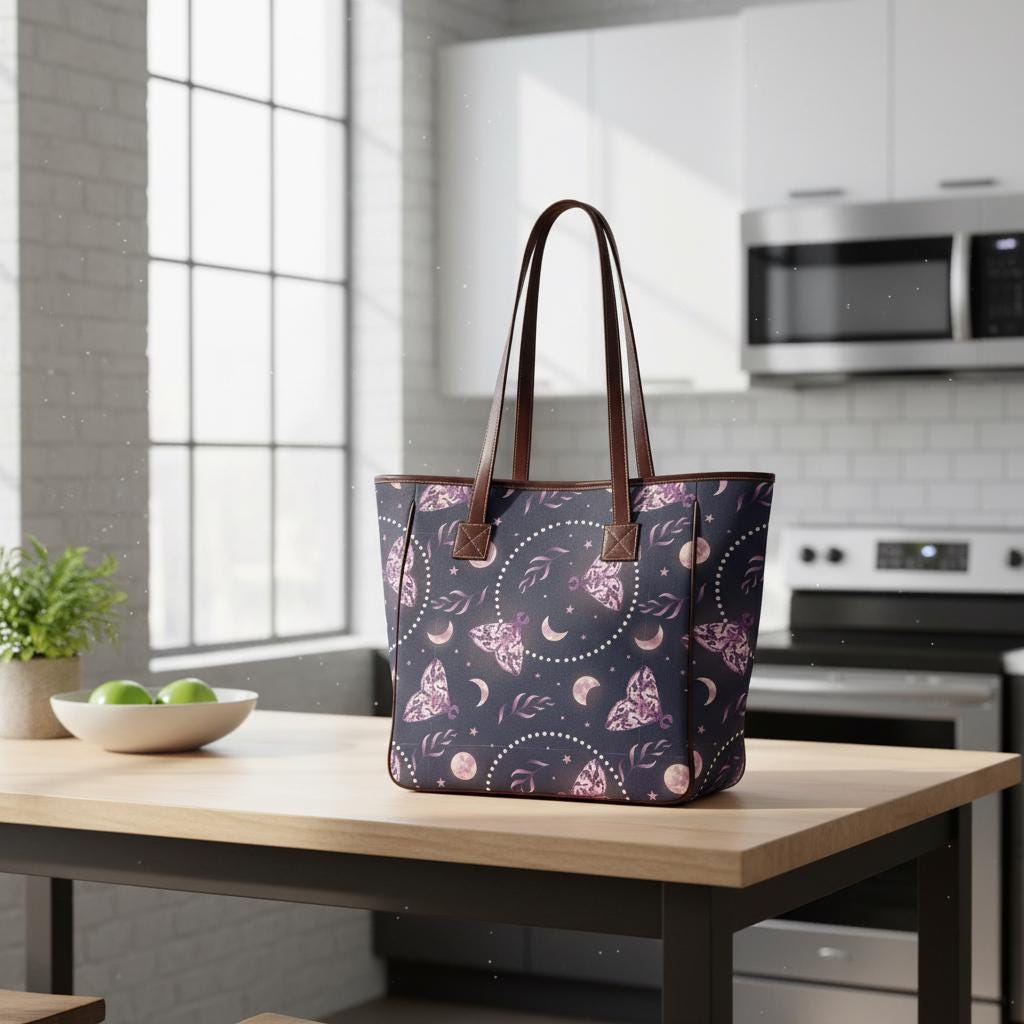 Classic Large Moths & Moon Tote Bag – Dark Academia Waterproof Shopper