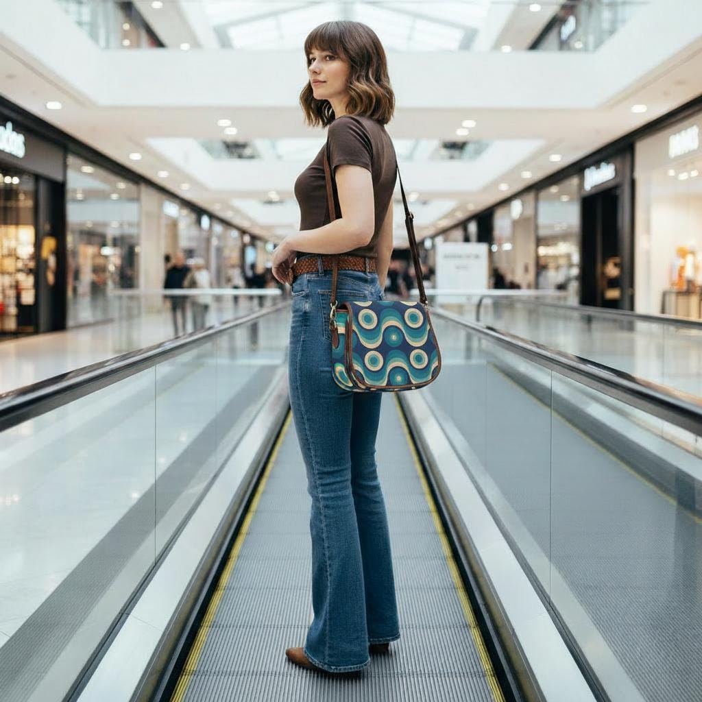 Retro 70s Wave Pattern Saddle Bag - Midcentury Style Crossbody Handbag