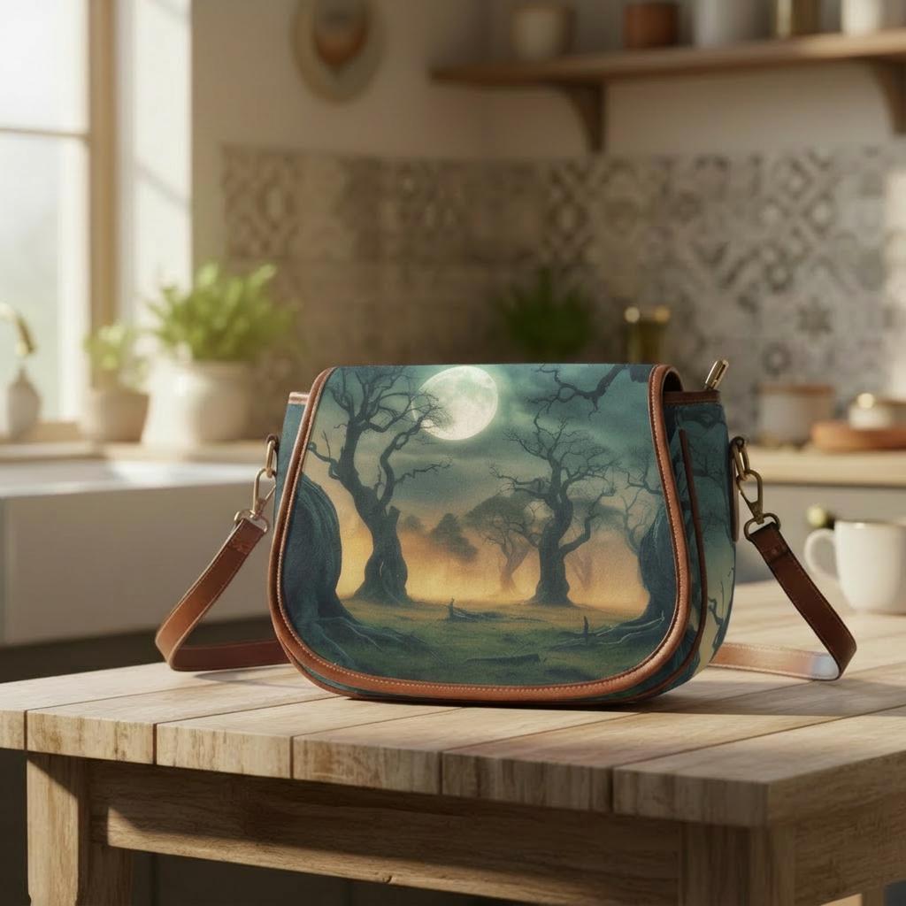 Foggy Trees at Night Dark Academia Saddle Bag - Moody Gothic Crossbody Handbag