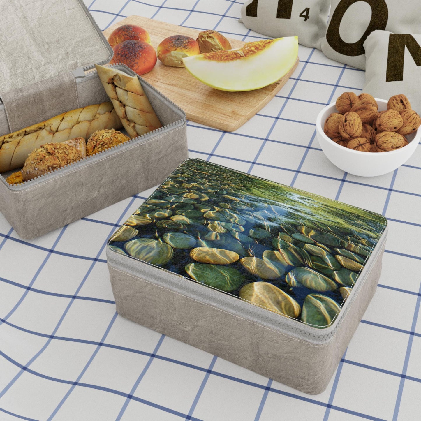 Eco-Friendly Paper Lunch Bag: Zen Water Stones Design, Reusable Food Storage