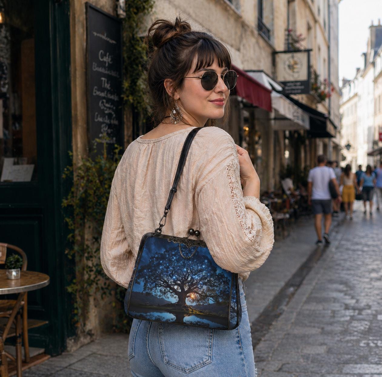 Bold Tree at Night Kisslock Crossbody Shoulder Bag - Blue Black Dark Academia Handbag