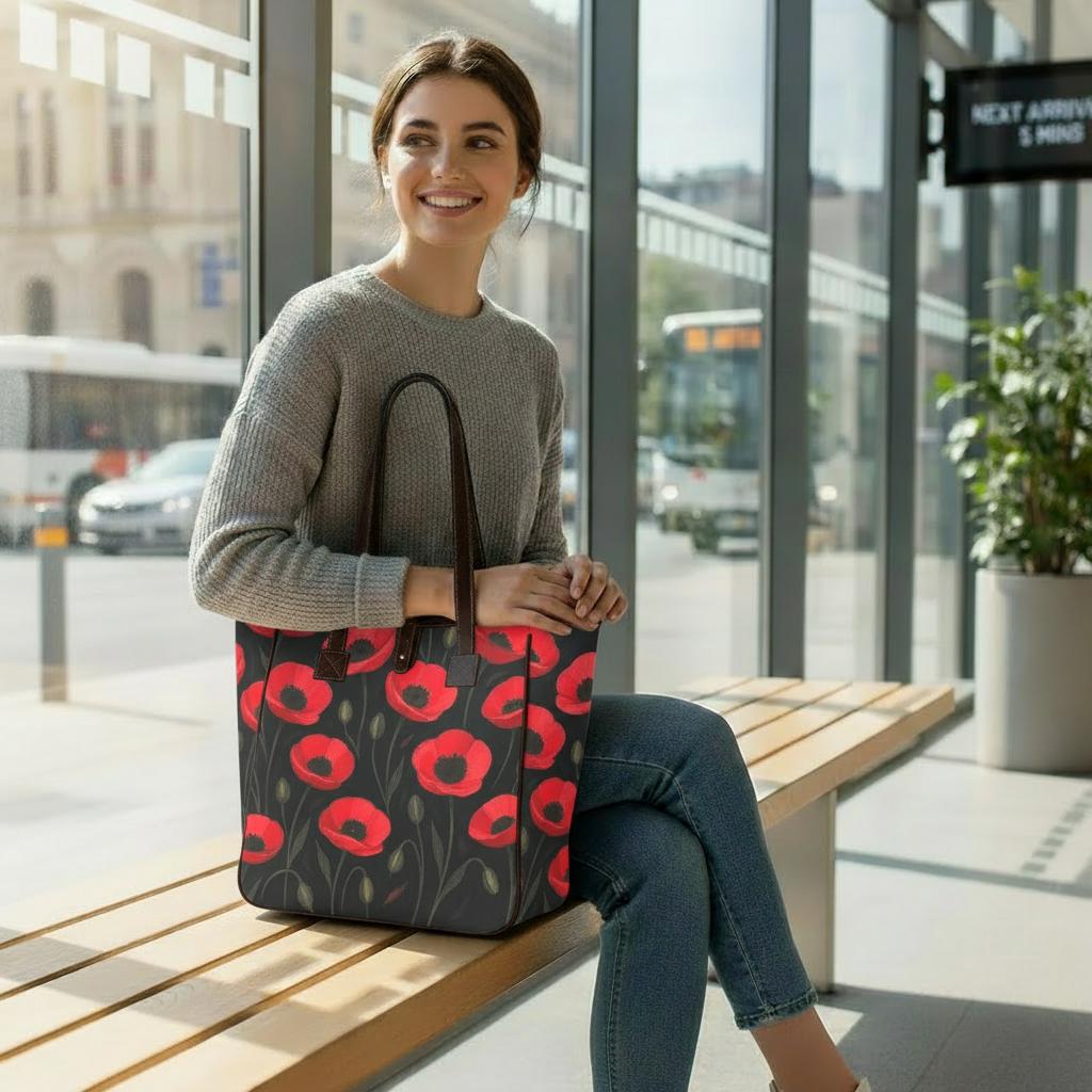 Bolso tote grande negro y rojo con amapolas – bolso de estilo floral dark academia