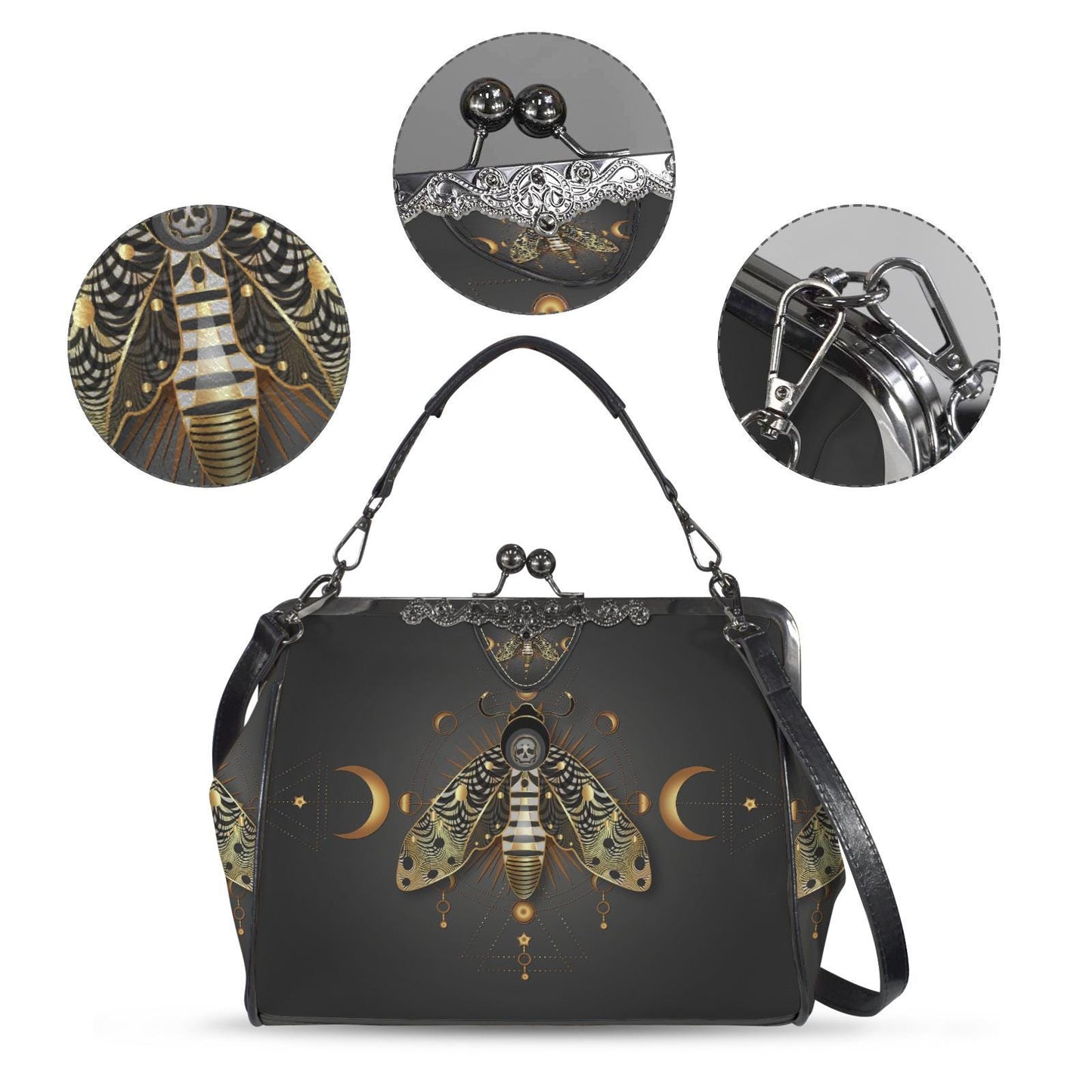Dark Academia Moth Skull Moon Kisslock Crossbody Bag – Gothic Handbag Adjustable Strap
