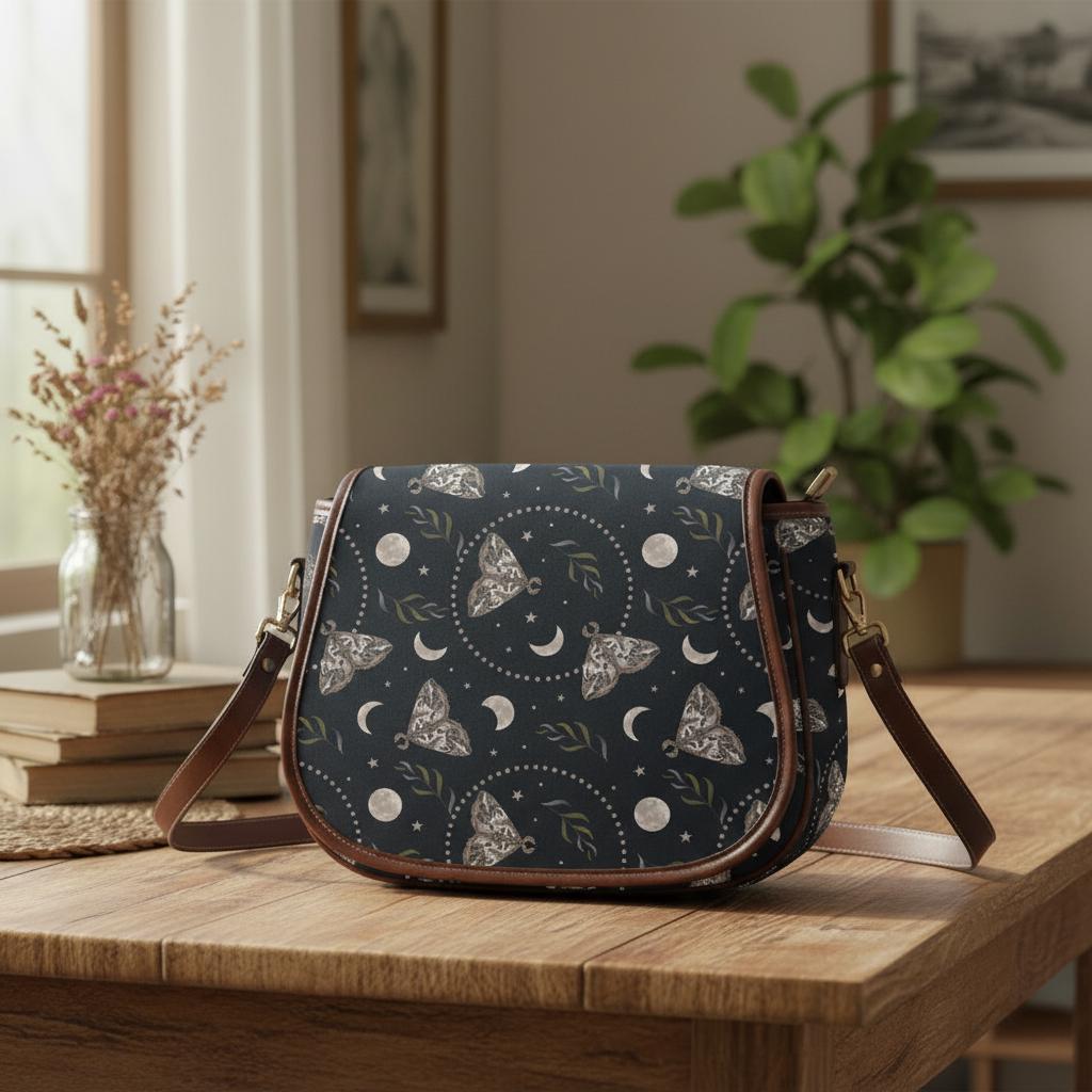 Dark Academia Gothic Moths & Moon Crossbody Saddle Bag