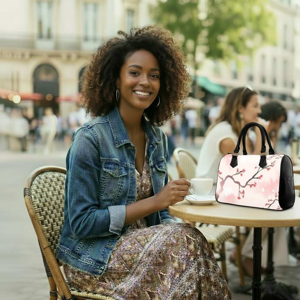 Sakura Branch Japandi Barrel Handbag – Black White Pink Asian Zen Art Purse