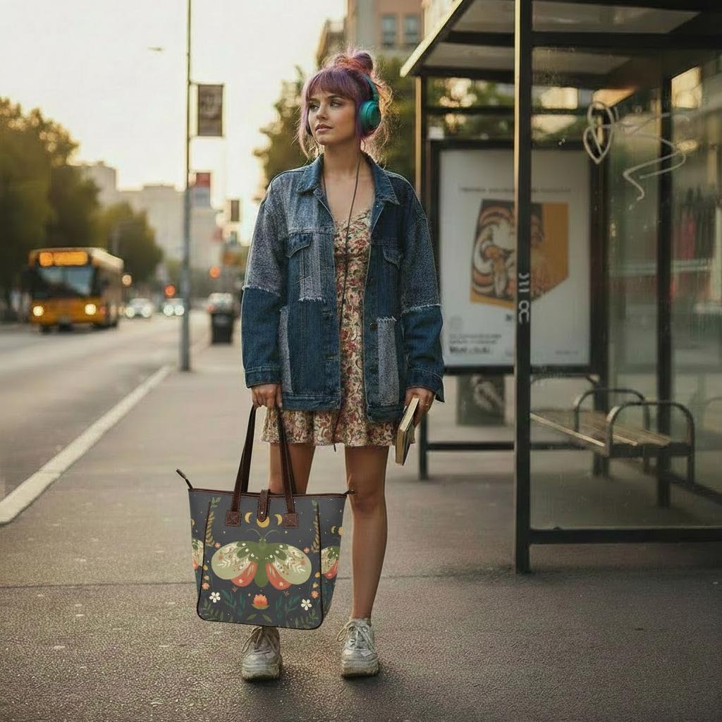 Moths & Moon Dark Academia Style Handbag – Classic Large Tote Bag