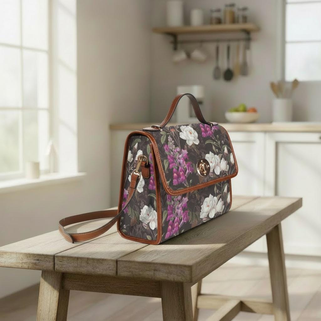 Dark Academia Wildflowers Canvas Crossbody Bag – Black Purple Botanical Vintage Bag