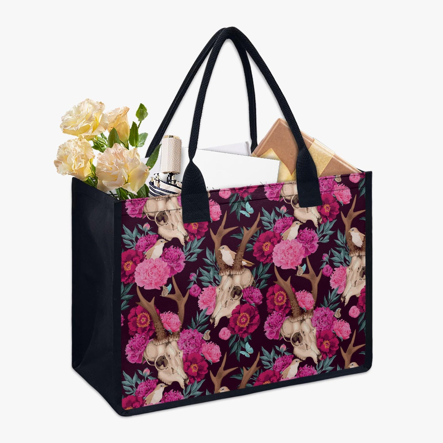 Dark Academia Pink Birds + Skulls Shopping Tote Bag – Gothic Forest Market Bag
