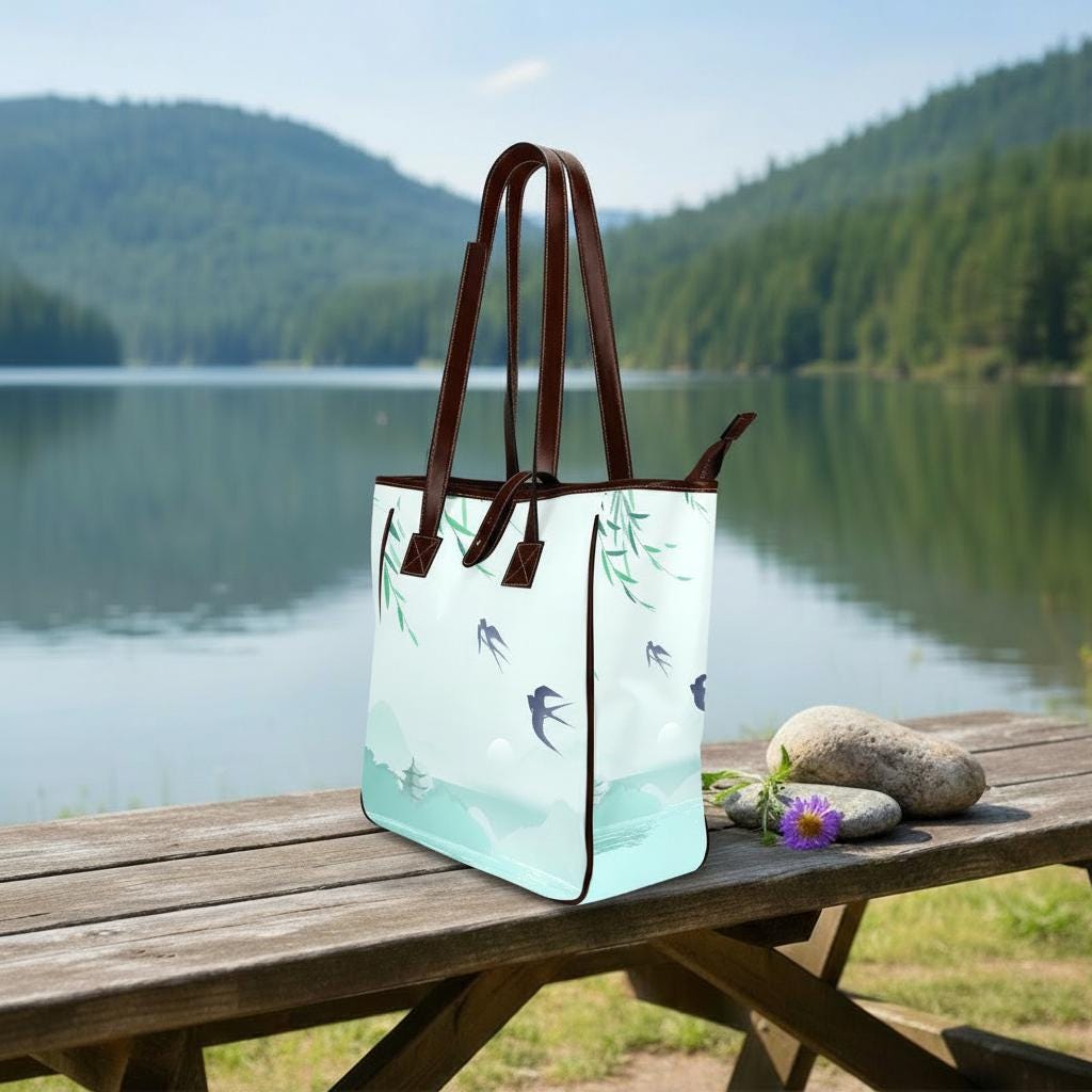 Blue Delicate Watercolor Swallow Tote Bag – Large Asian Style Handbag