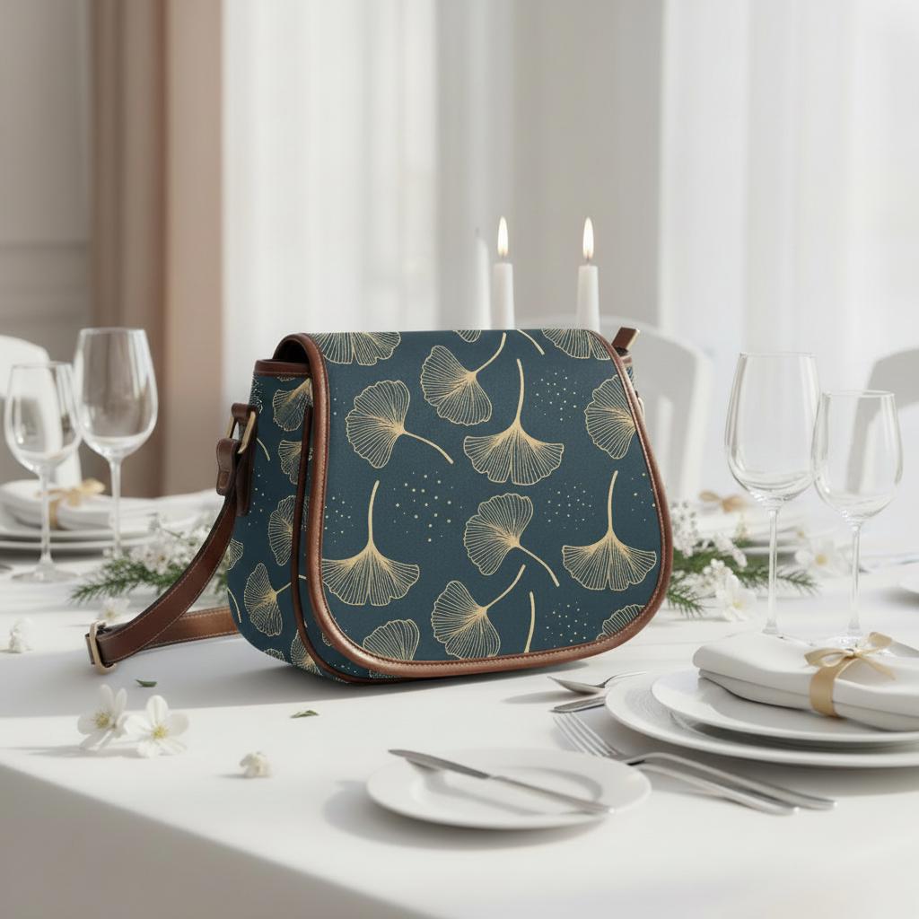 Black Gold Ginkgo Leaf Vintage Saddle Bag – Dark Academia Botanical Handbag