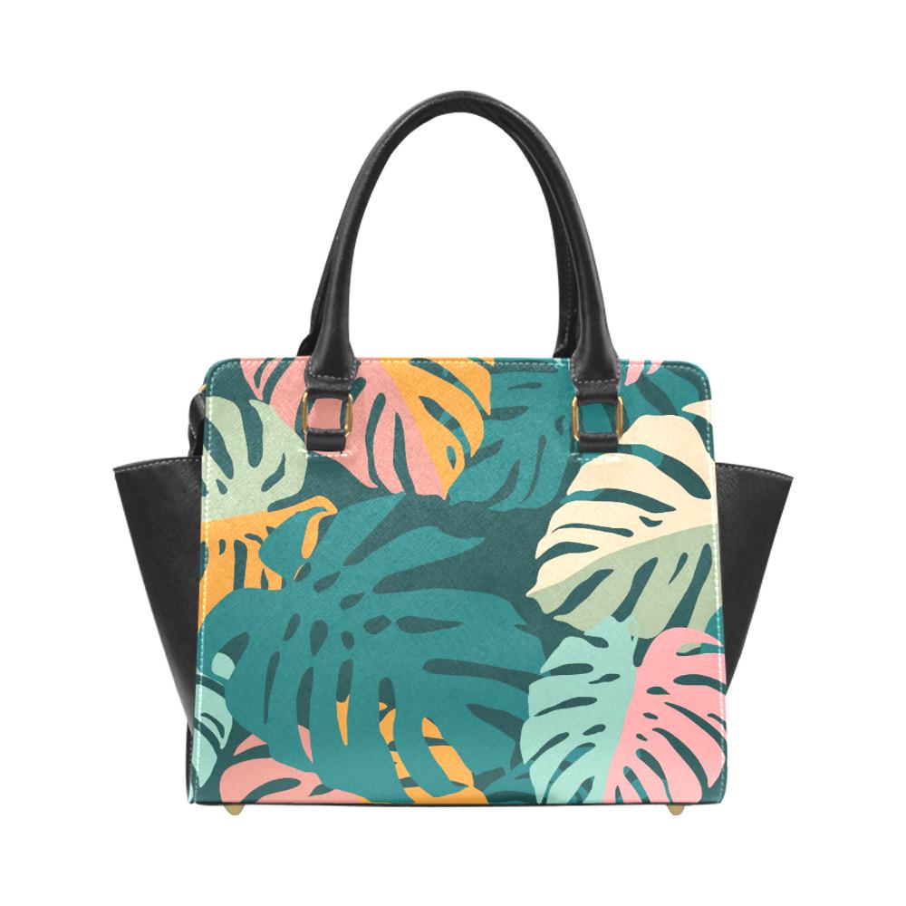 Retro 70s Monstera Rivet Shoulder Handbag – Vintage Midcentury Print Purse