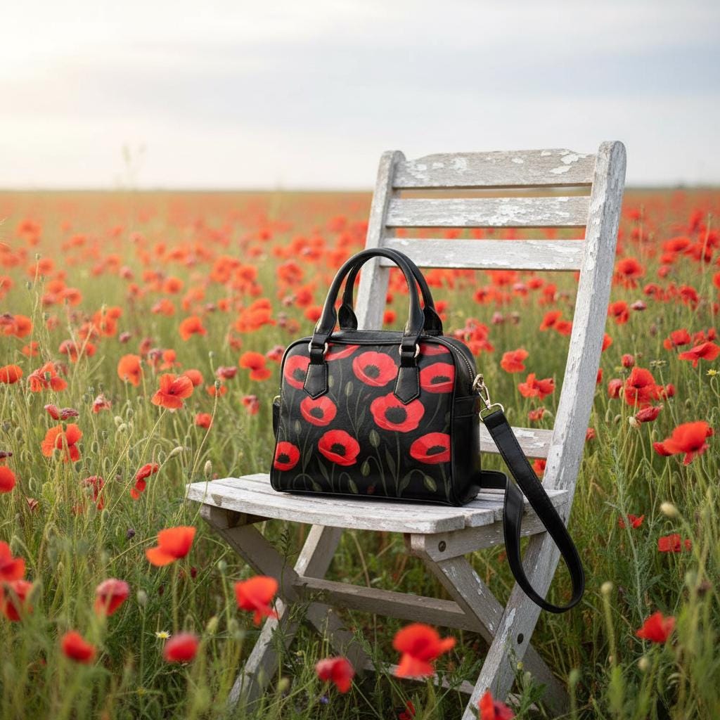 Red Black Poppy Field Shoulder Handbag – Bold Floral Crossbody Bag with Handles