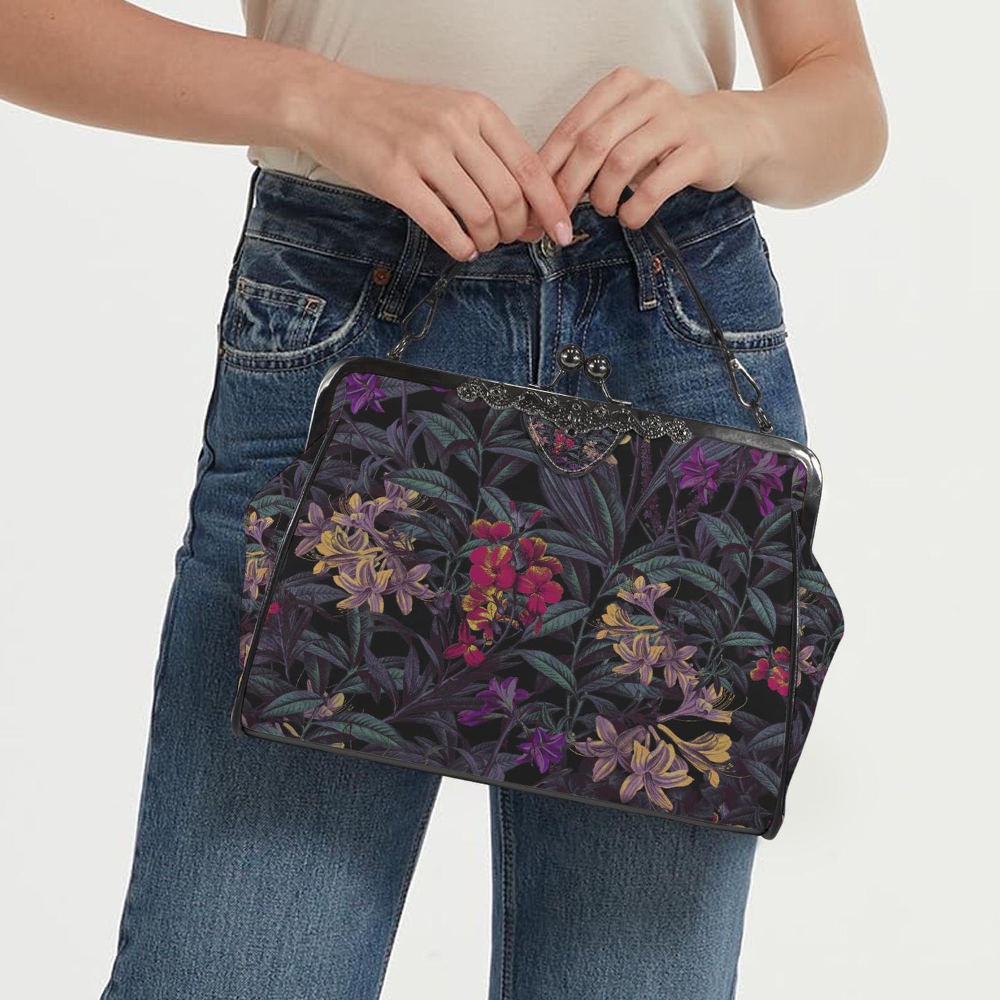 Dark Academia Moody Floral Vintage Kisslock Bag - Victorian Gothic Crossbody