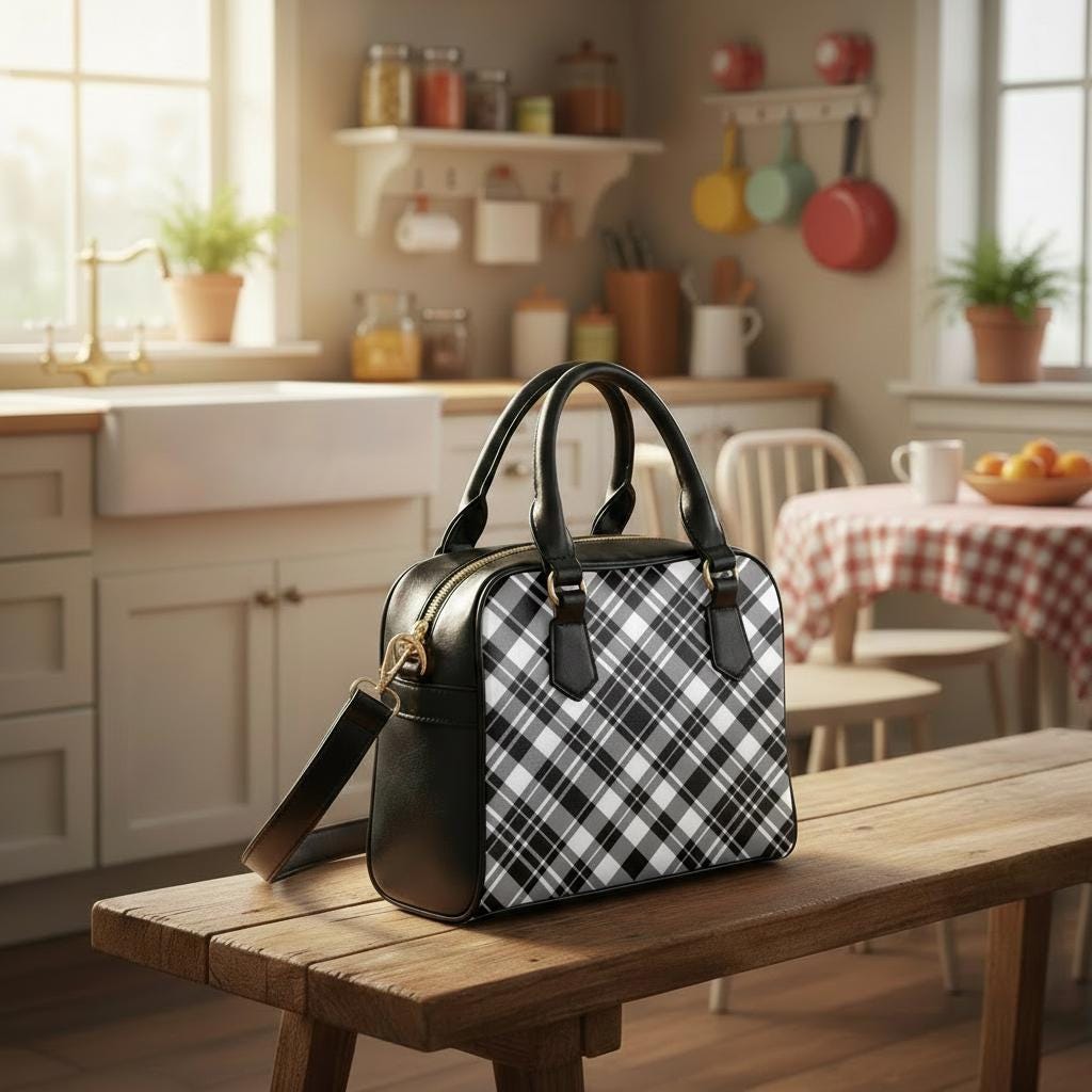 Black White Checkered Shoulder Handbag – Retro 60s Mod Gothic Handbag