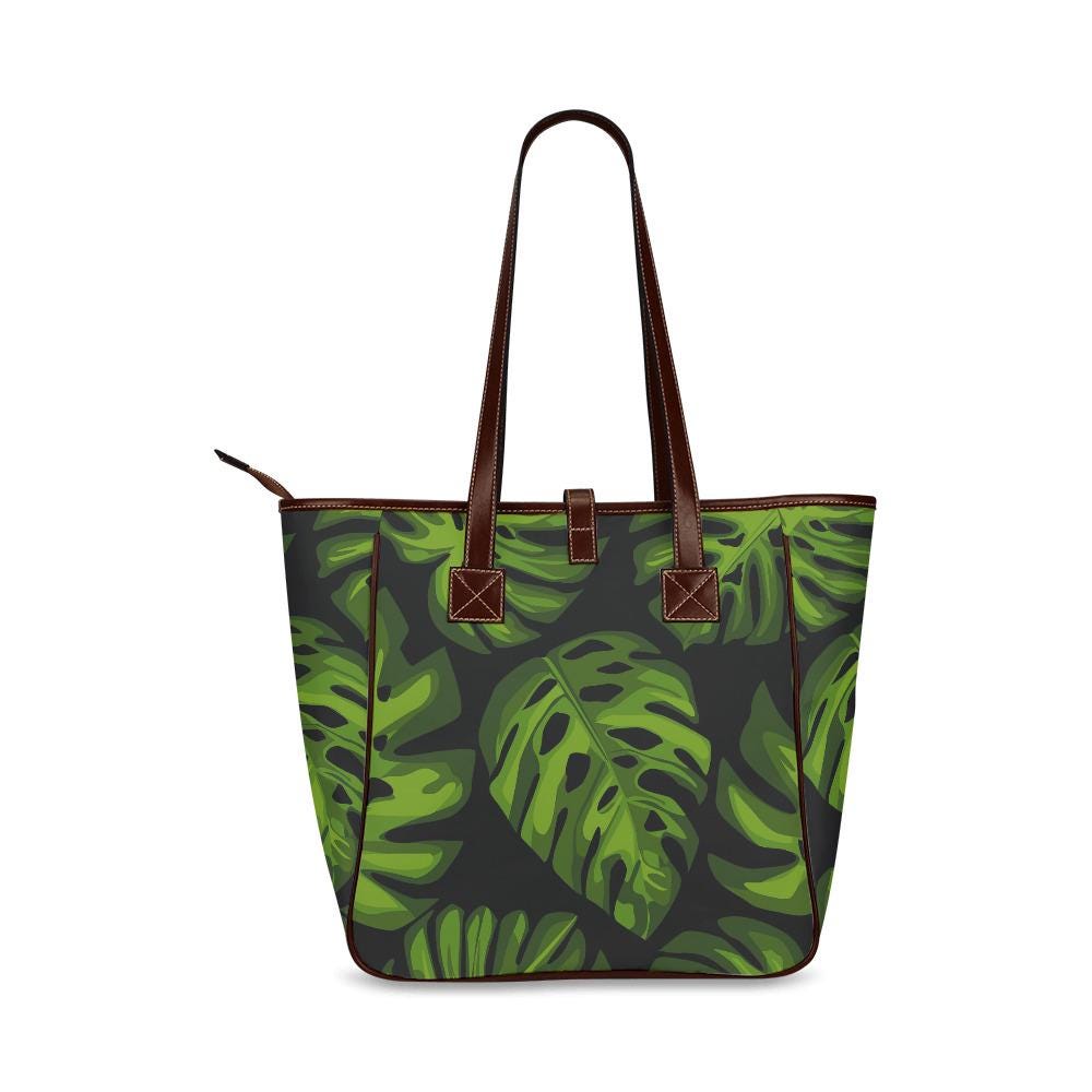 70s Retro Monstera Leaf Tote Bag – Large Dark Academia Zip Handbag