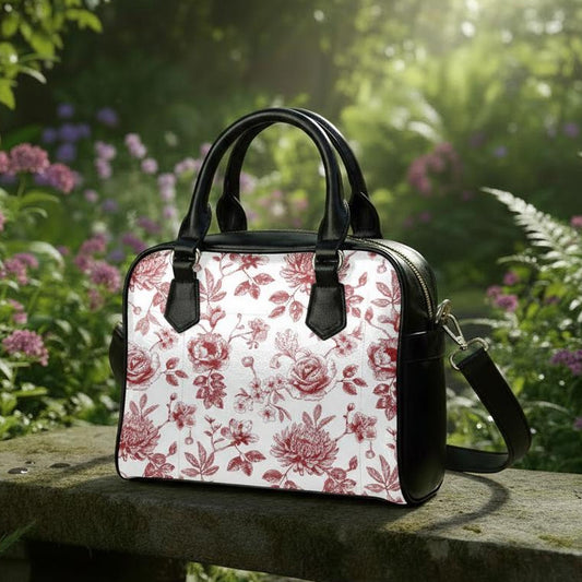 Sac bandoulière végan rouge et blanc en toile de Jouy - Style cottagecore fleuri
