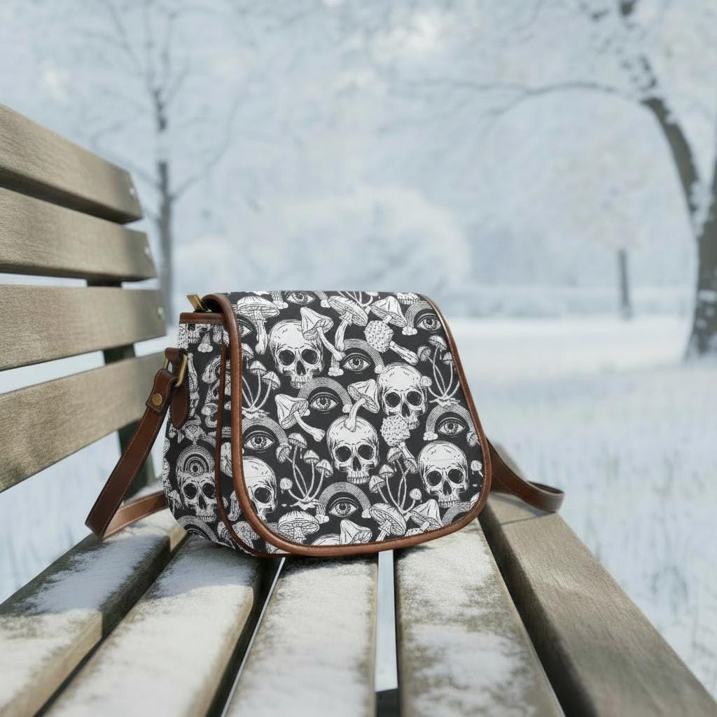 Extravagante schwarz-weiße Totenköpfe Umhängetasche – Große Gothic Alternative Schulterhandtasche