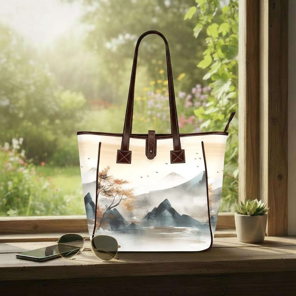 Japanese Watercolor Mountains Tote Bag – Large Asian Art Style Handbag