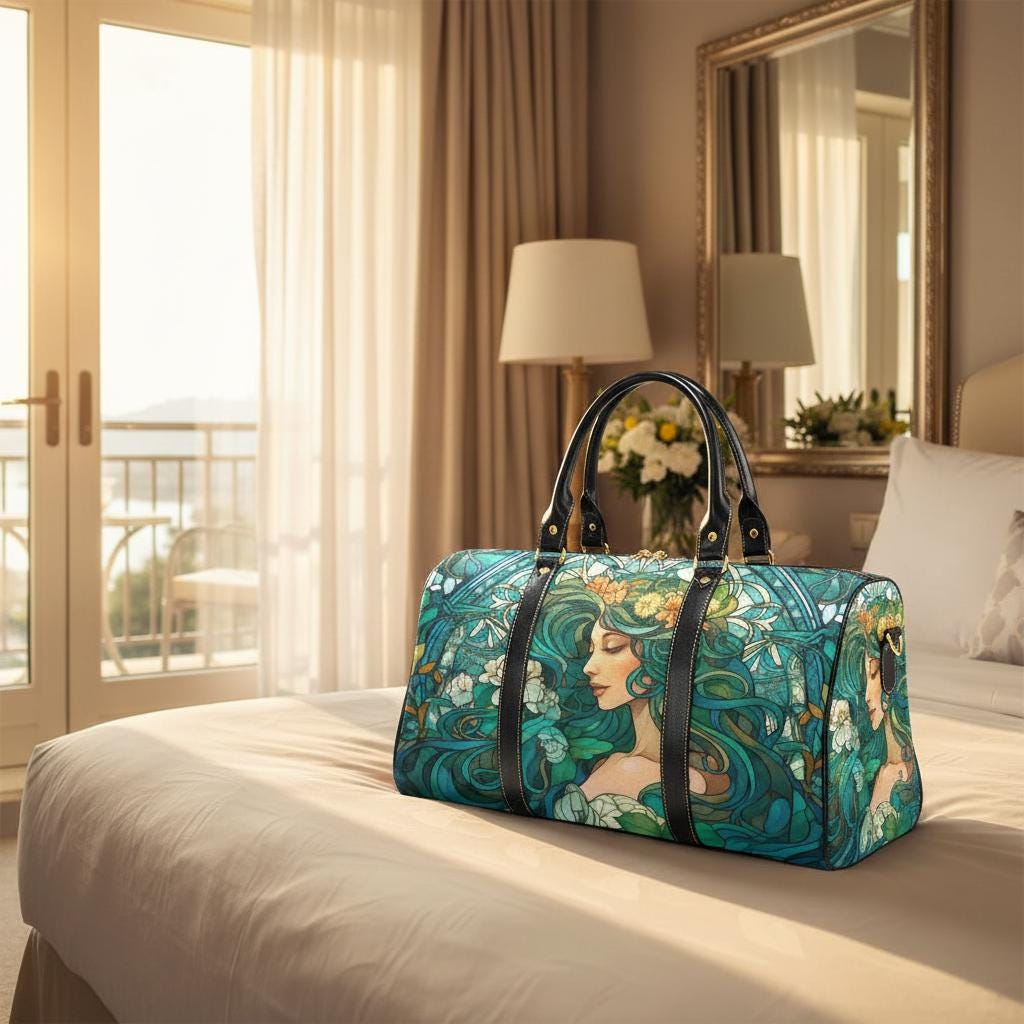 Art Nouveau Travel Bag – Waterproof Black Weekender Duffle