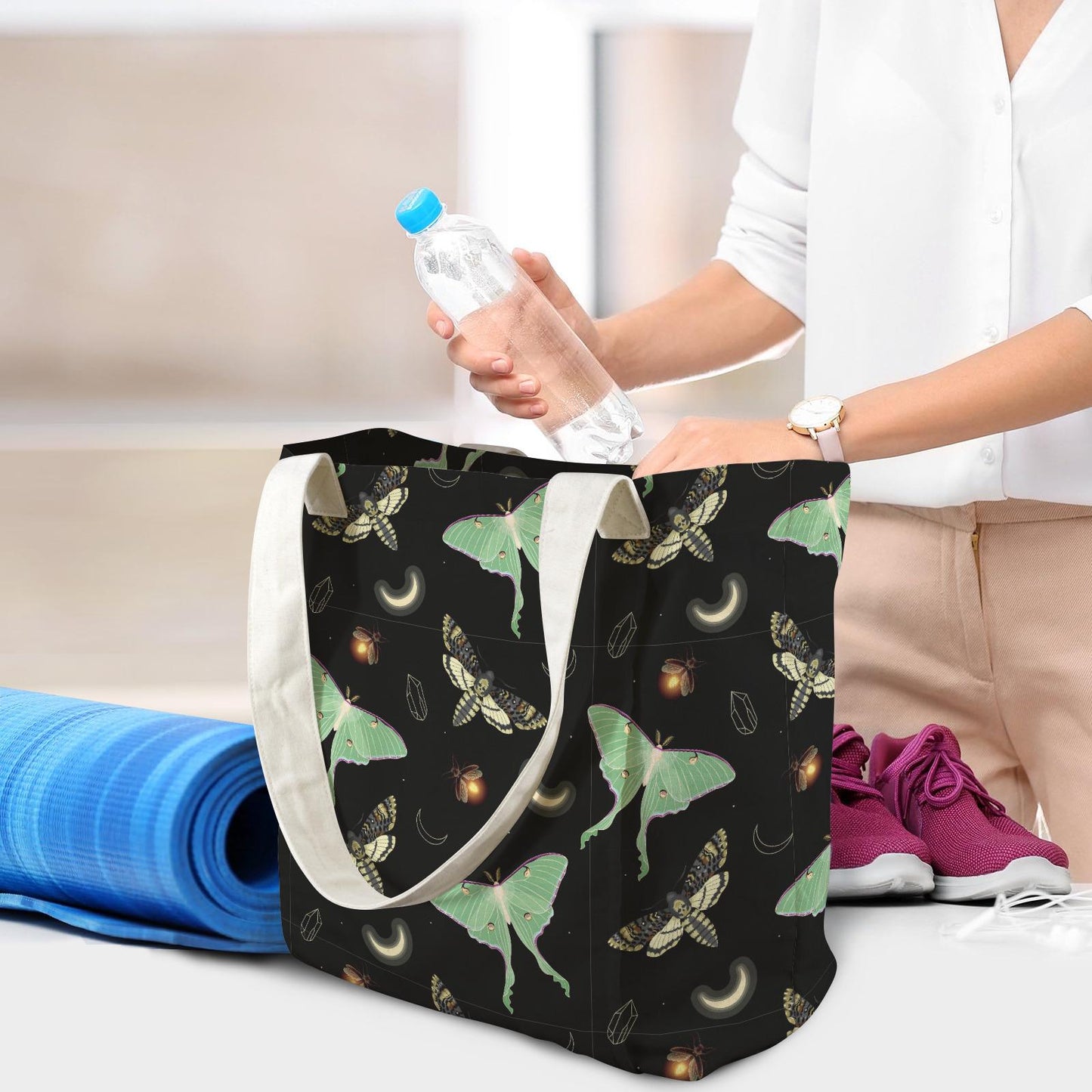 Dark Academia Moths & Moon Yoga Tote Bag – Large Cotton Linen Tote with Mat Holder