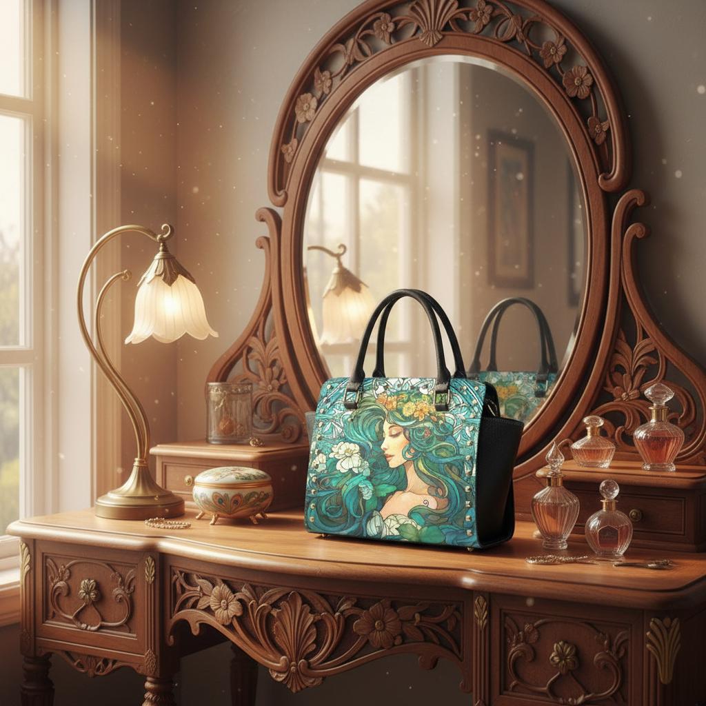 Blue Green Art Nouveau Girl Shoulder Handbag – Vintage Romantic Art Print Purse