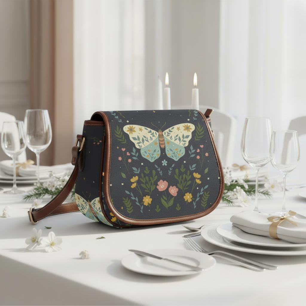 Dark Academia Moth Butteflies Saddle Handbag – Crossbody Oxford Fabric Alternative