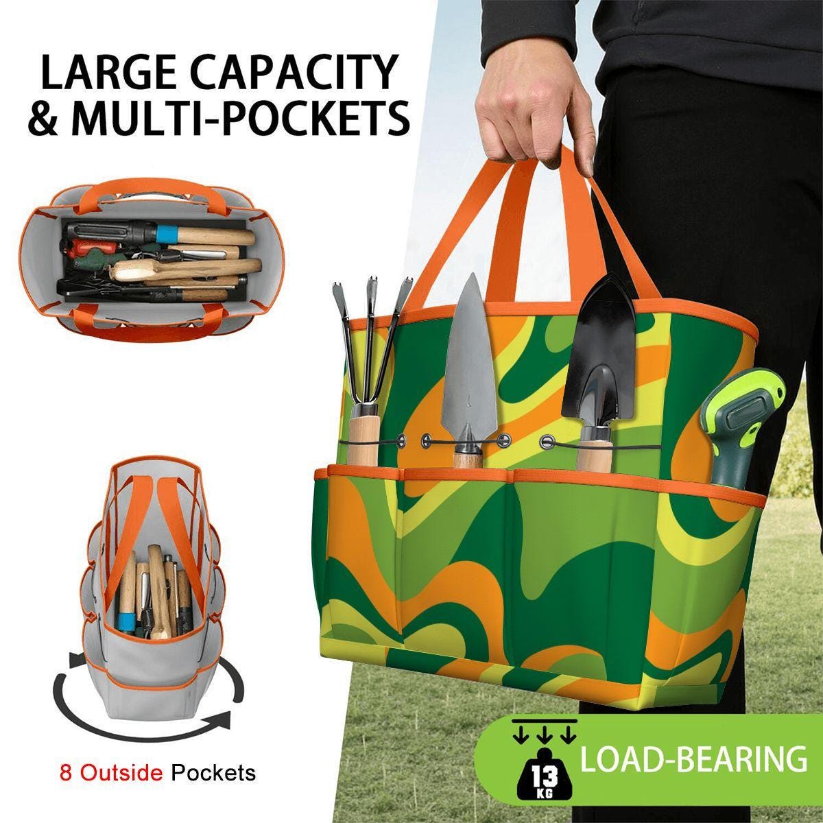 Retro 70s Gardening Tool Organizer Bag – Orange Green Hippie Tote