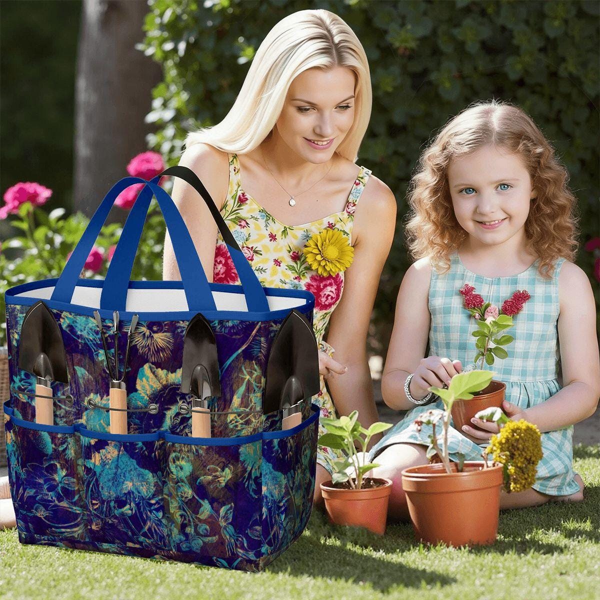 Black Blue Green Floral Gardening Tool Organizer Bag – Dark Academia Moody Tote