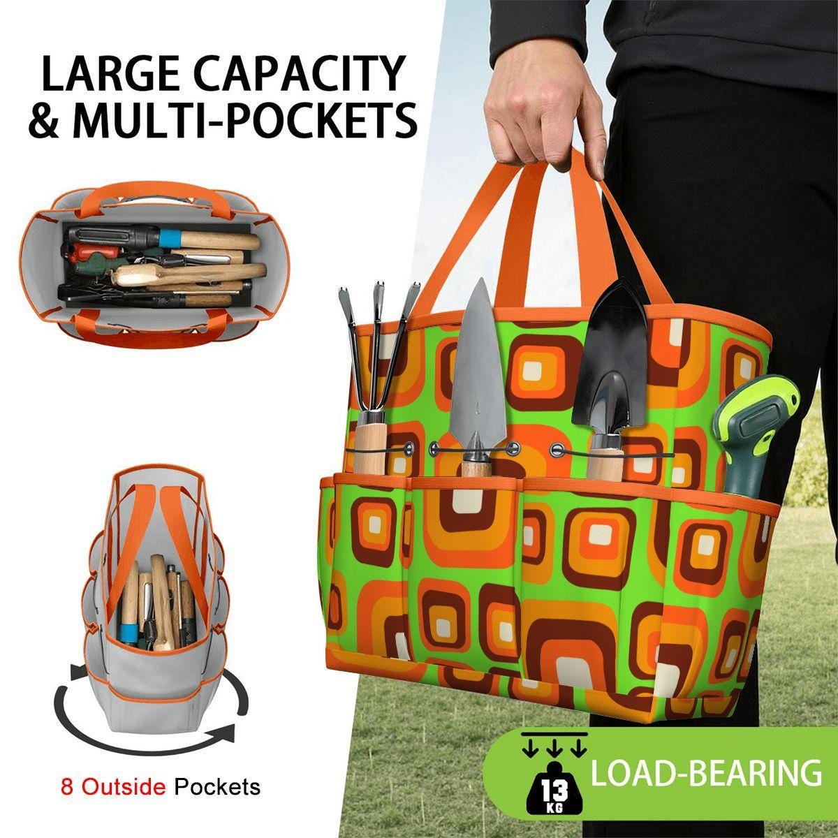 Retro 70s Gardening Tool Organizer Bag – Funky Orange Green Flower Power Tote