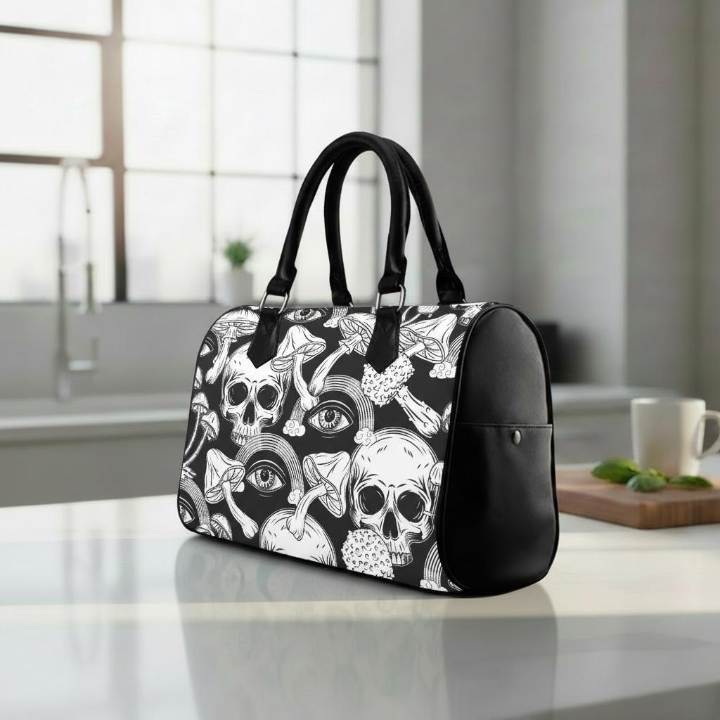 Whimsy Black White Skulls Barrel Handbag – Gothic Alternative Everyday Purse
