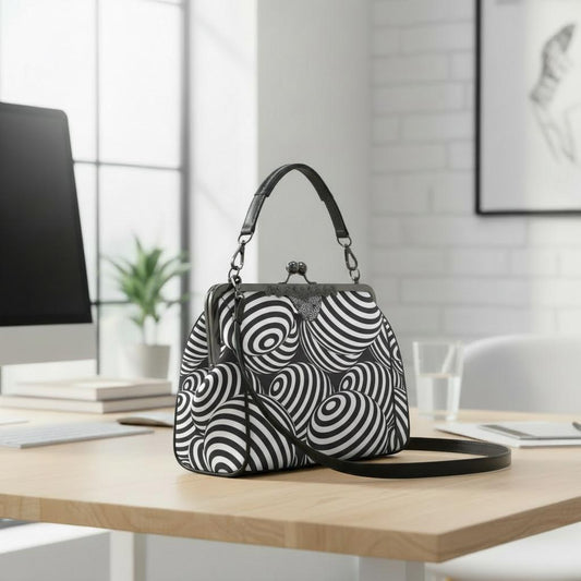 Black White Op-Art Kisslock Crossbody Bag – Vintage 80s Monochrome Handbag