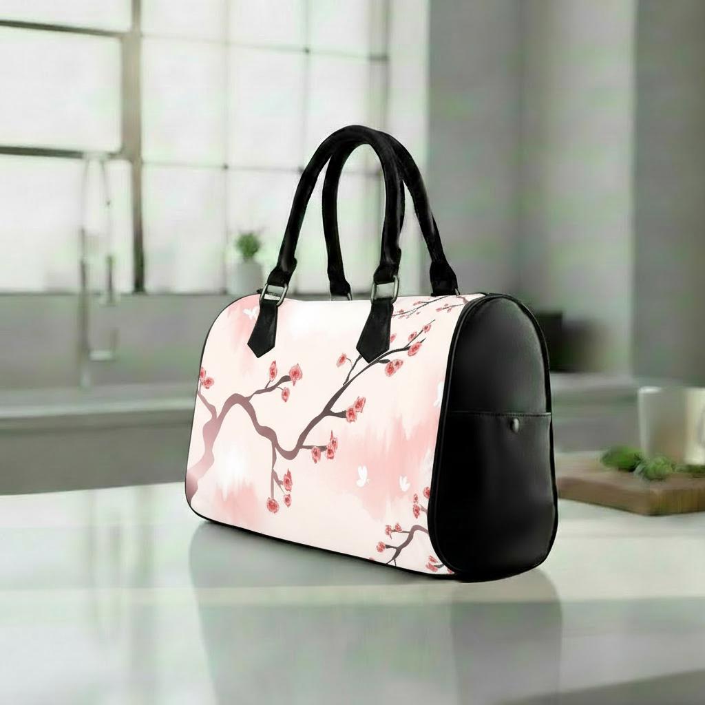 Sakura Branch Japandi Barrel Handbag – Black White Pink Asian Zen Art Purse
