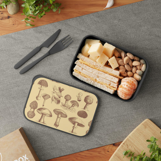 Vintage Mushroom Print Eco Bento Box: Botanical Bioplastic Lunch Kit