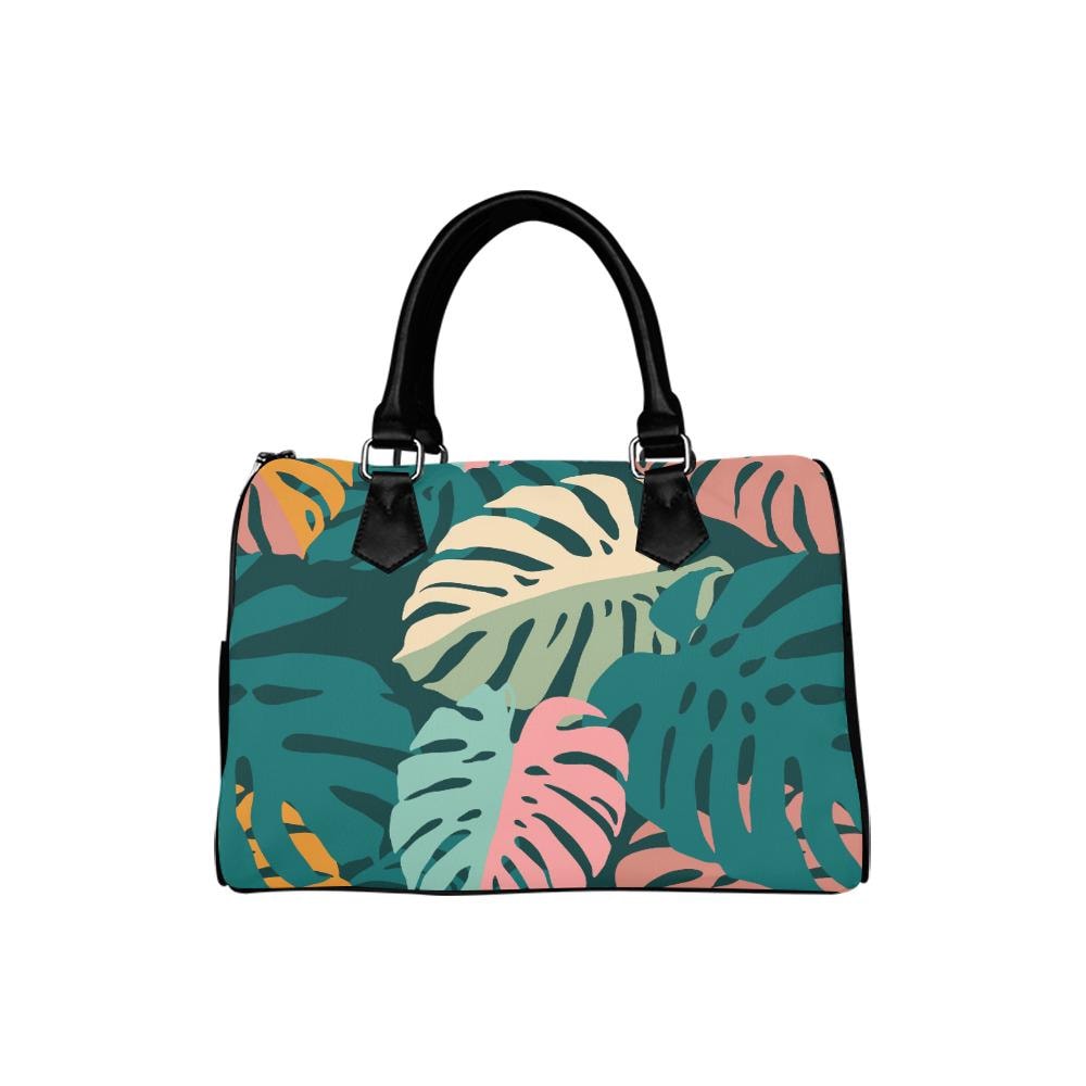 Retro Monstera Print Barrel Handbag – Black Green Pink Everyday Purse