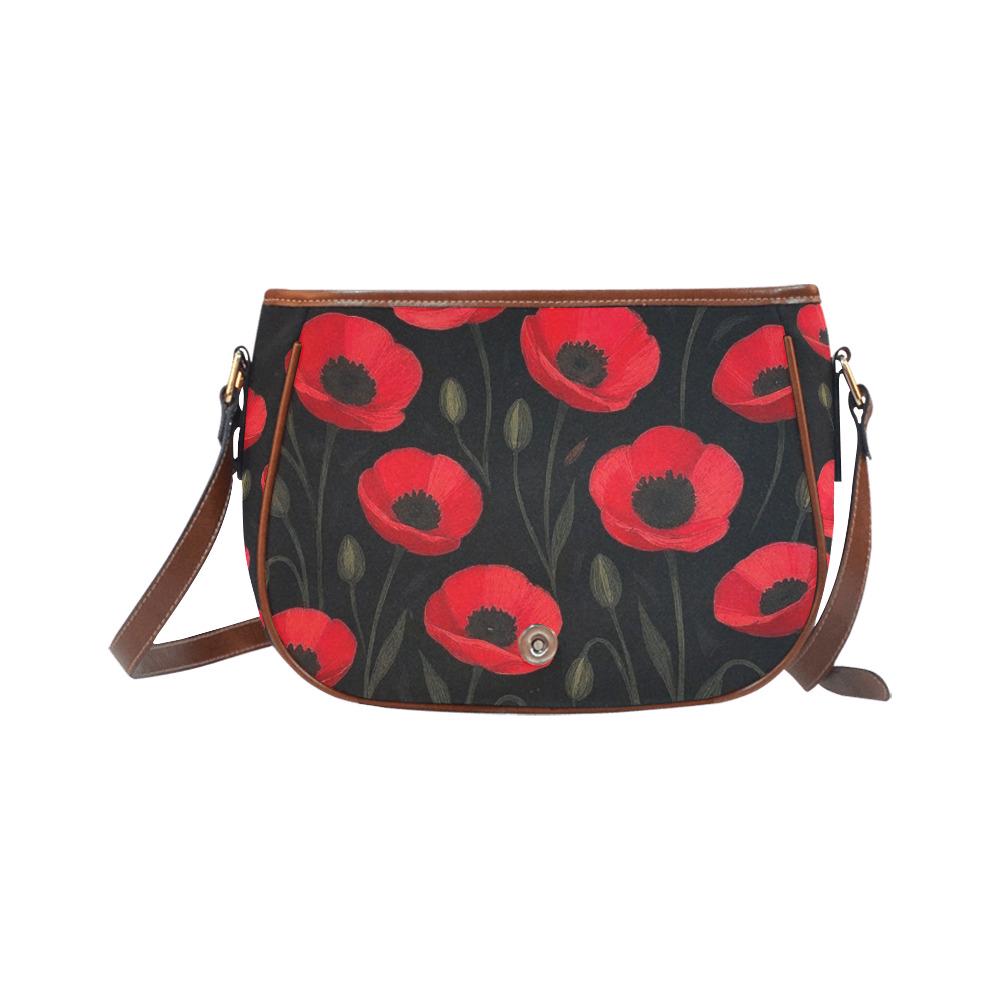 Black Red Poppies Shoulder Saddle Handbag, Romantic Gothic Dark Academia Crossbody