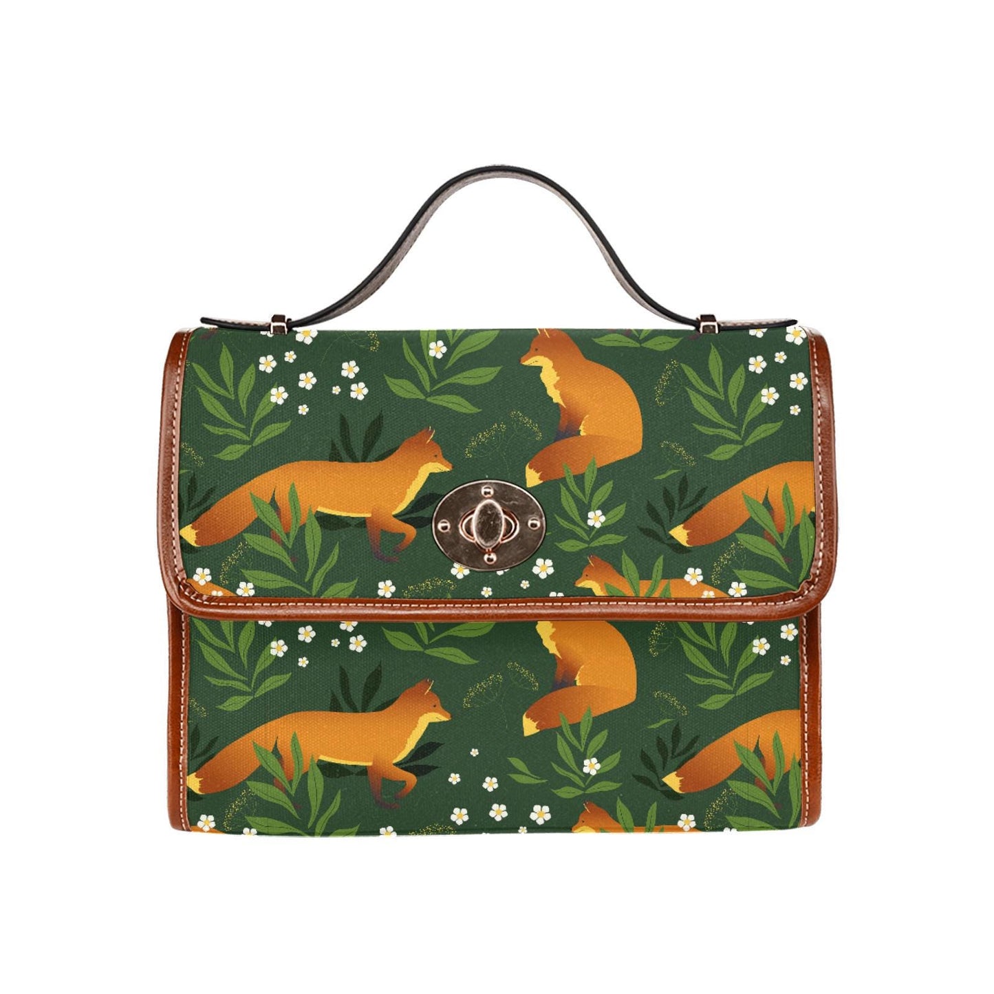 Retro Fox Forest Canvas Crossbody Bag – Green Orange Vintage Style Handbag